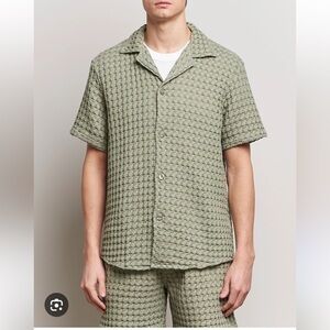 OAS Dusty Green Cuba Waffle Shirt Polo Top Short Sleeve Button down textured NWT